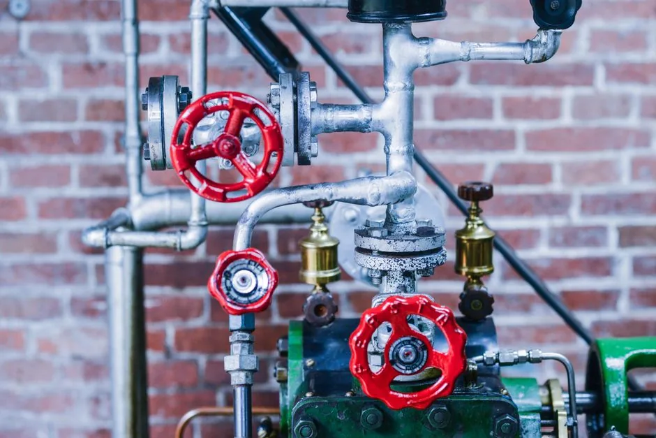 Cast iron industrial valves with handwheels on a manifold
