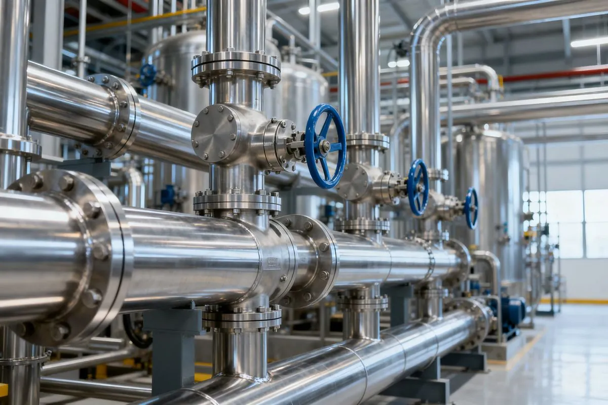 Industrial process piping with manual valves in a chemical plant